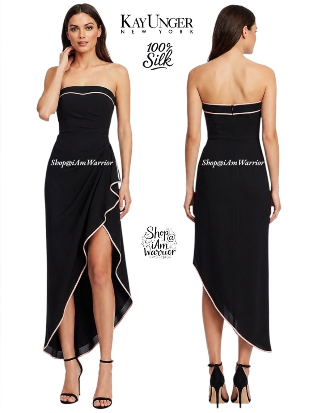 Kay Unger black strapless silk pink trim ruffle dress *shop@iamwarrior